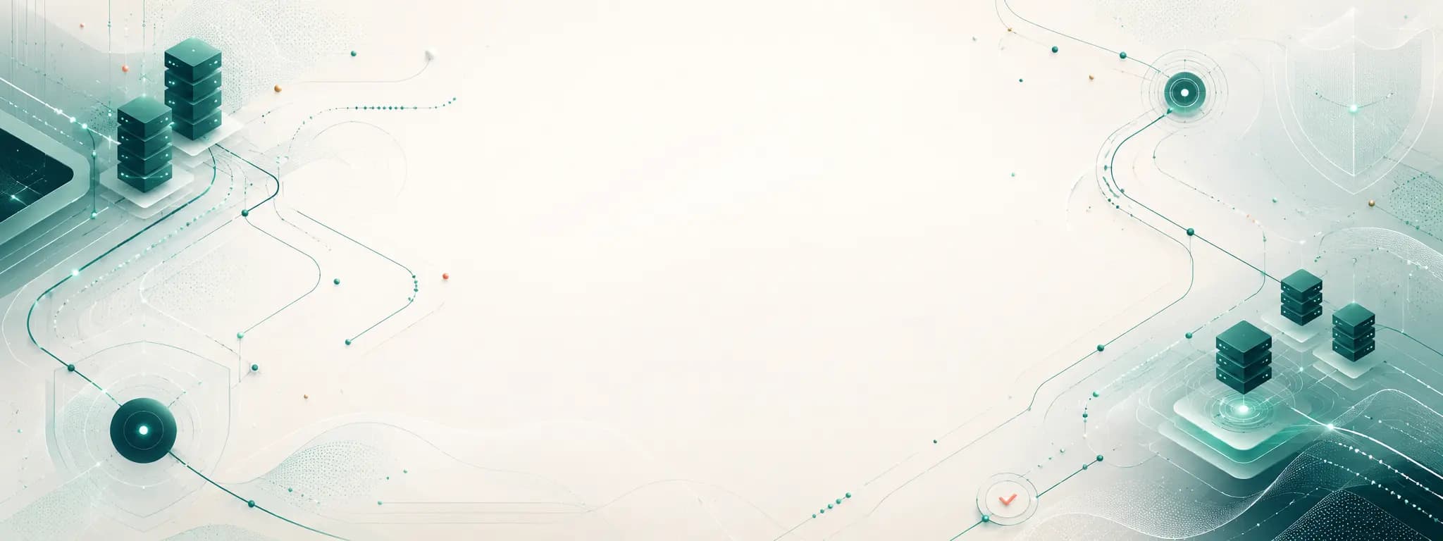 Teal email-server racks, network connection nodes and a security shield on an ivory background